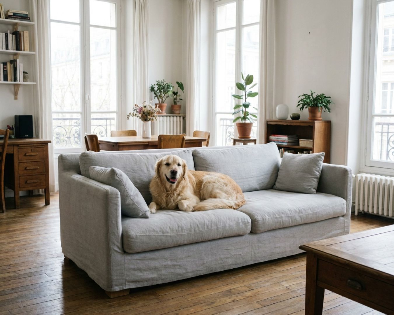 Un golden retriever allongé sur un canapé gris propre