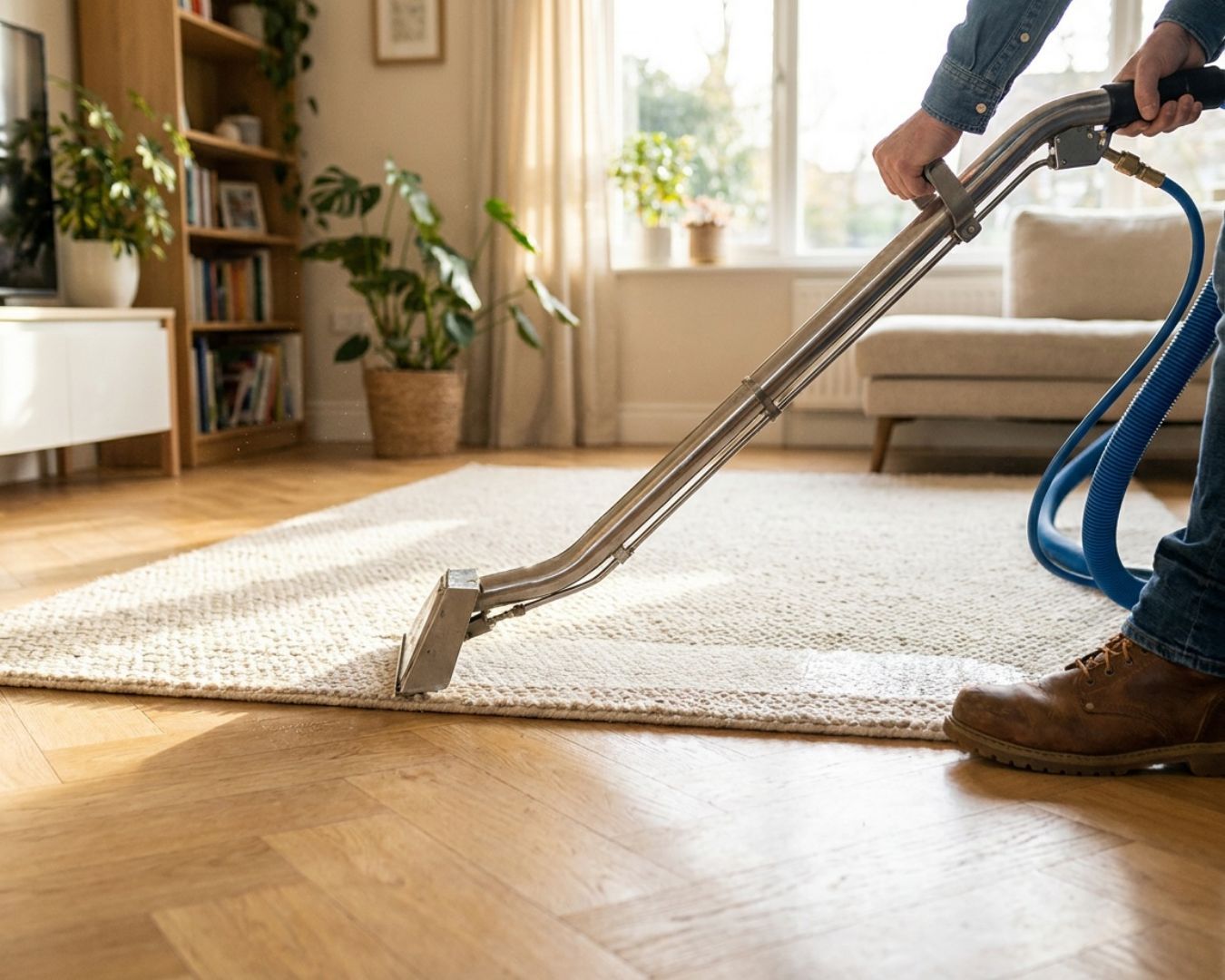 Nettoyage d'un grand tapis clair dans un salon